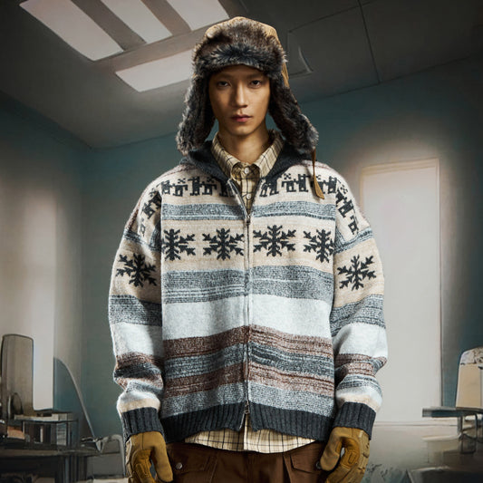 nowflake Contrast Hooded Zipper Knit Cardigan WN22750