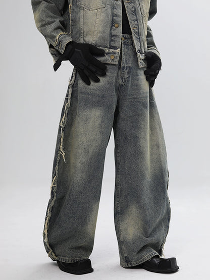 Fringe Curved Hem Wide Leg Denim Jeans WN18623