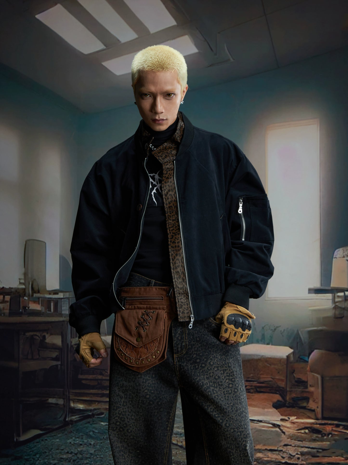 Leopard PU Fake Layered Zipper Jacket WN20816