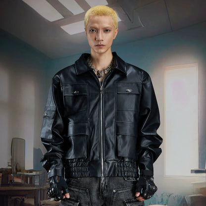 Metal Decor Multi-Pocket PU Leather Zipper Jacket WN21367