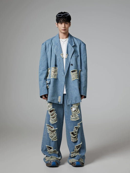 Oversize Damage Denim Tailored Jacket & Damage Denim Jeans Setup WN13331