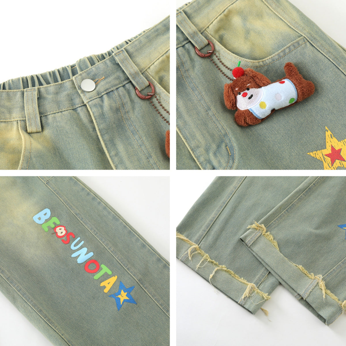 Cartoon Embroidery Wide Leg Denim Jeans WN26969