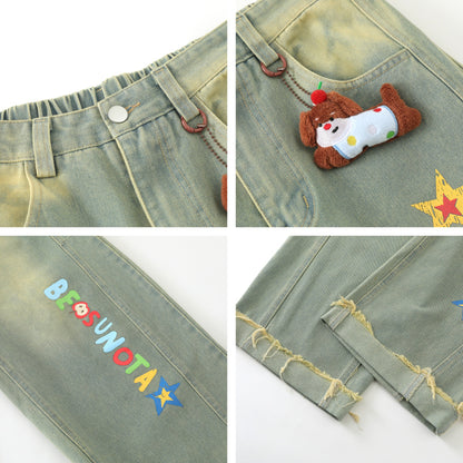 Cartoon Embroidery Wide Leg Denim Jeans WN26969