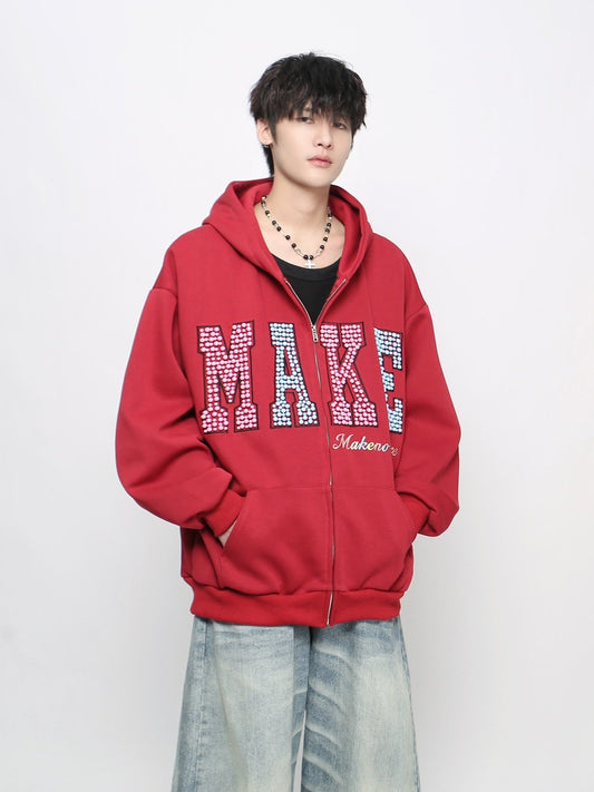 Letter Pearl Embroidery Zipper Hoodie WN24453