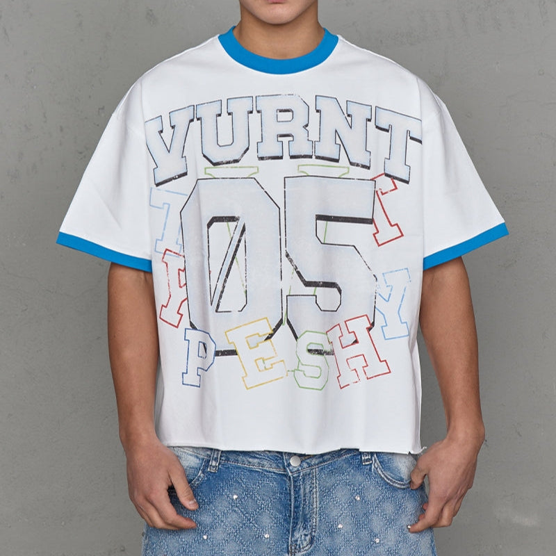 Contrast Collar Art Print Short Sleeve T-Shirt WN20997