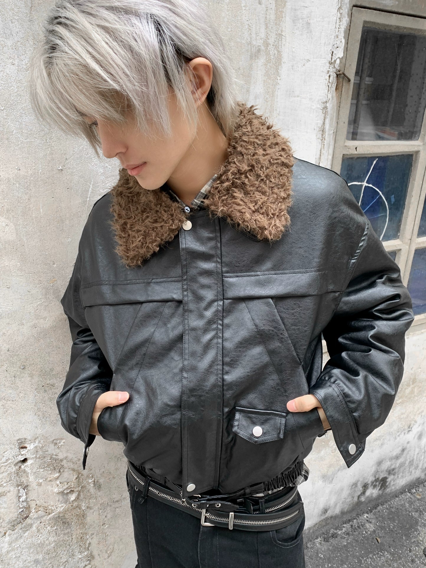 Fake Fur-Collar PU Leather Short Padded Jacket WN22205