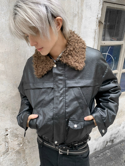 Fake Fur-Collar PU Leather Short Padded Jacket WN22205