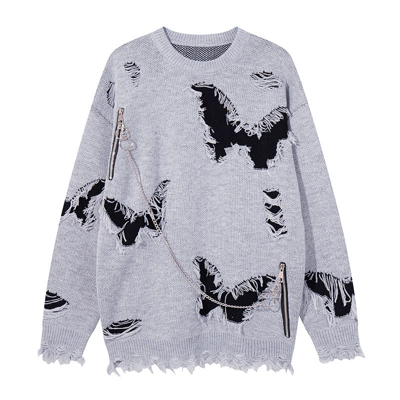 Asymmetric Butterfly Jacquard Chain Detail Knit Sweater WN11513