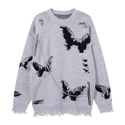 Asymmetric Butterfly Jacquard Chain Detail Knit Sweater WN11513