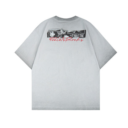 Graphic Print Wash Damage Cotton Short Sleeve T-Shirt WN25645