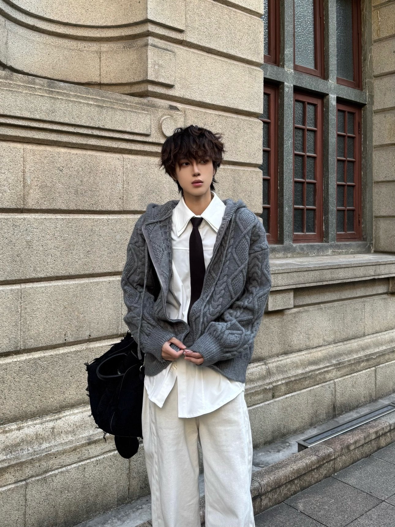 Hooded Cable Knit Oversize Zipper Knit Cardigan WN23152