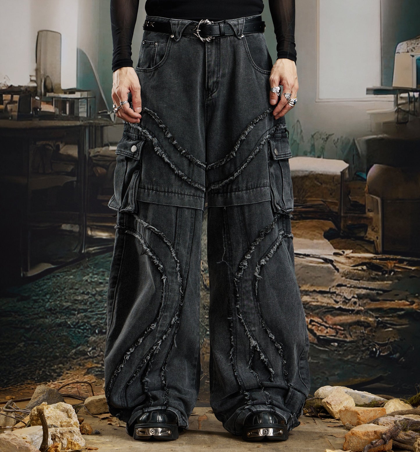 Deconstructed Patchwork Washed Fringe Utility Pocket Wide Leg Straight Denim Jeans WN22752