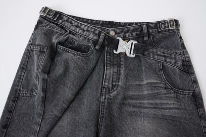 Washed Whisker Metal Buckle Denim Half Pants WN25513