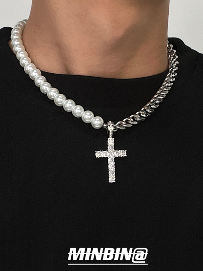 Pearl Cuban Chain Titanium Steel Necklace & Bracelet & Pendant WN19223