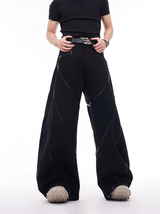 PU Leather Piping Patchwork Wide-Leg Trousers WN11691