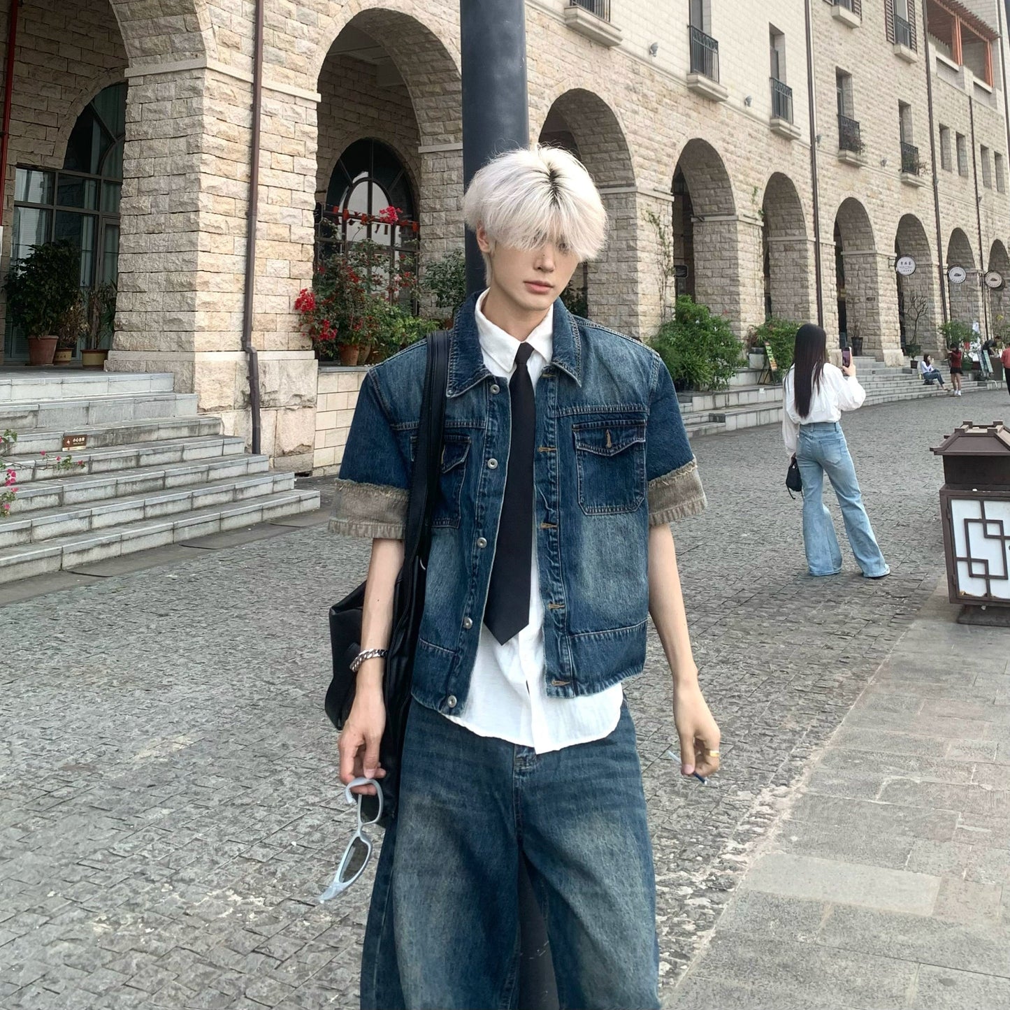 Patchwork Denim Short Sleeve Jacket & Wide Leg Denim Jeans Setup WN19803