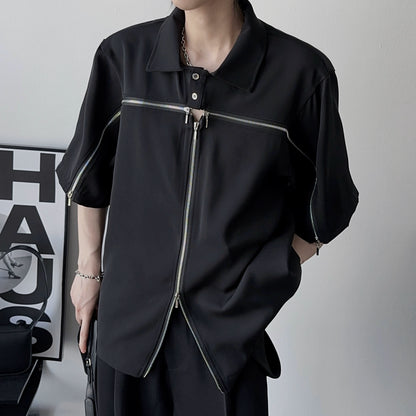 Zipper Design Oversize Short Sleeve Polo Shirt WN19338