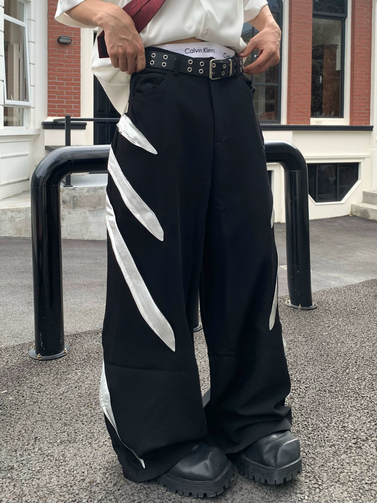 Paint Deconstructed Metal Short Sleeve Jacket & Paint Wide Leg Pants Setup WN19756