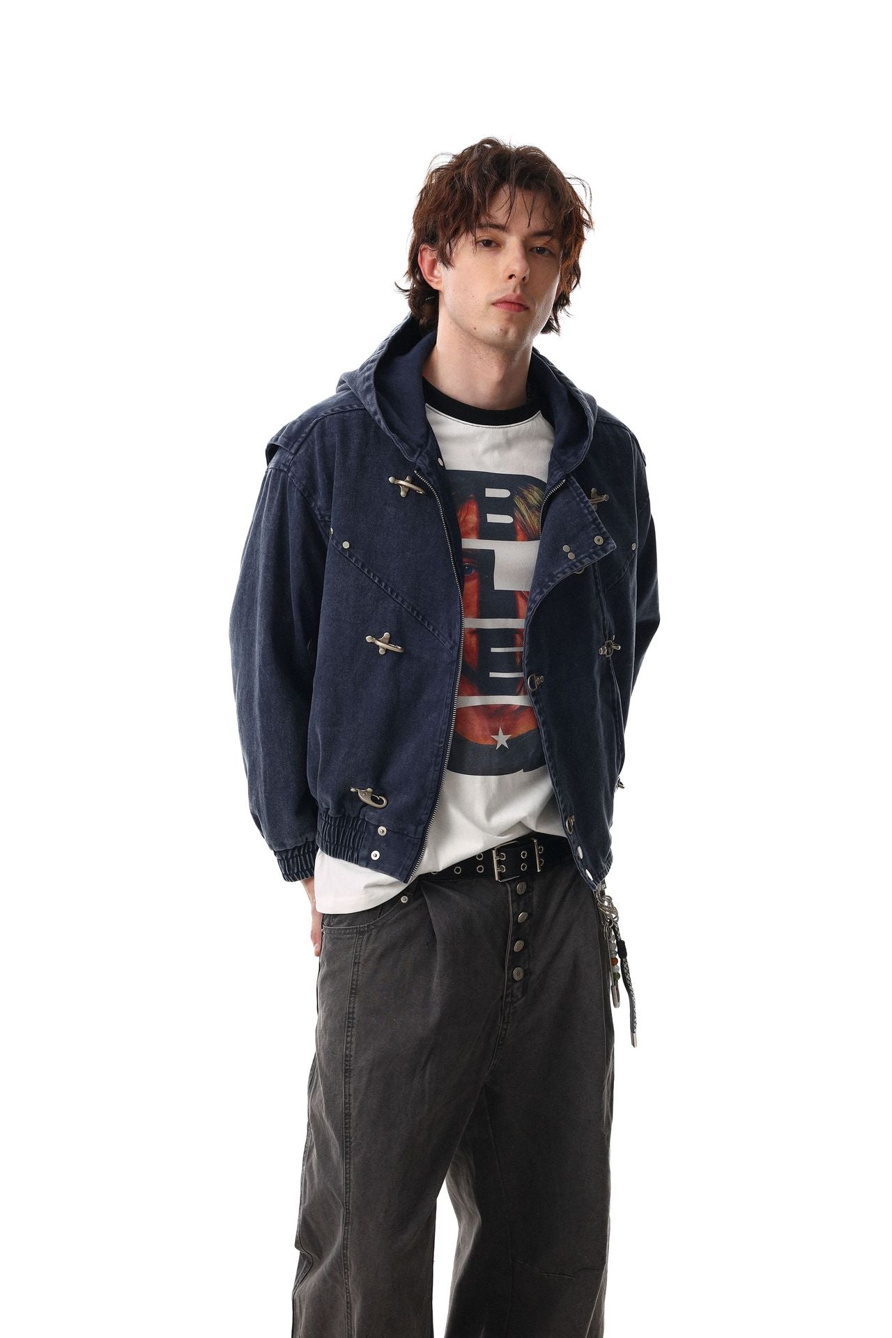 Washed Metal Buckle Hooded Denim Jacket WN23044