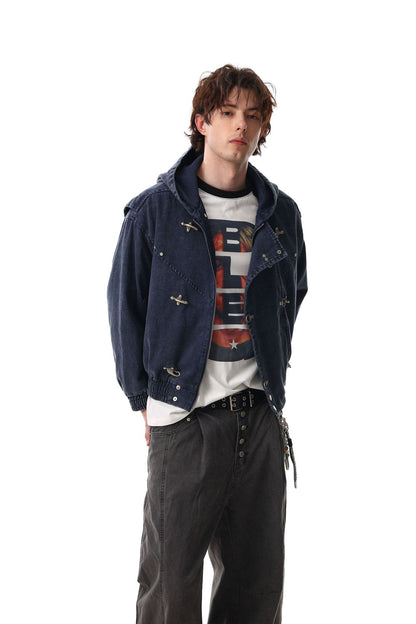 Washed Metal Buckle Hooded Denim Jacket WN23044
