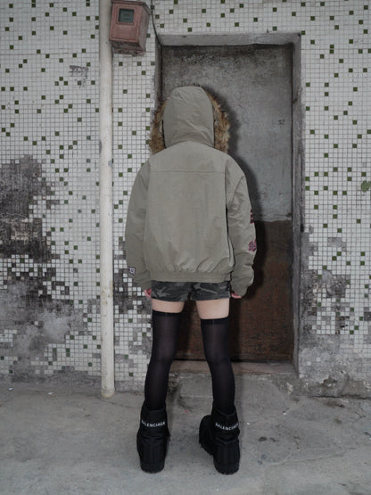 Patch Embroidery Fake Fur-Collar Hooded Jacket WN22188