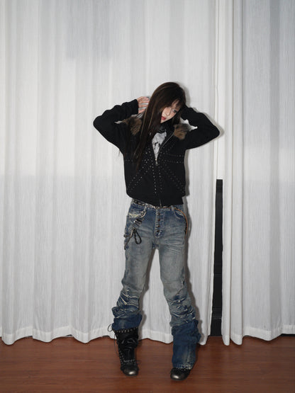 Fake Pearl Studs Detachable Fur Collar Oversize Zipper Hoodie WN22235