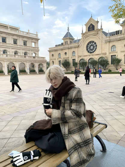 Lapel Stripe Plaid Thick Coat WN19797