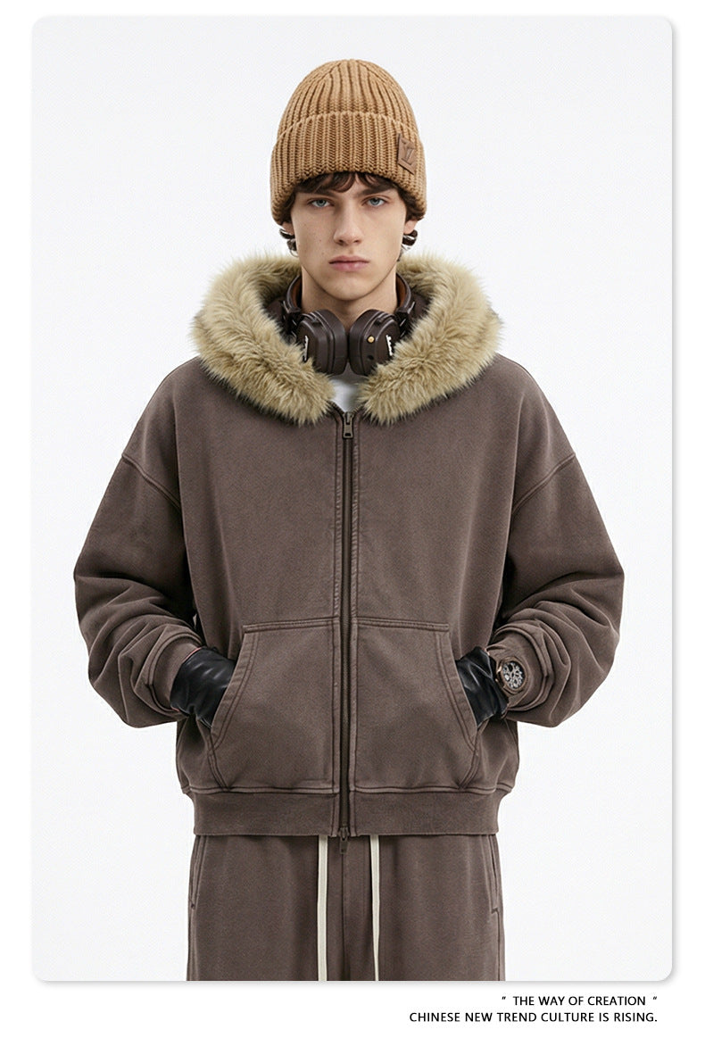 Fake Fur Collar Fleece Lining Zipper Hoodie WN23118