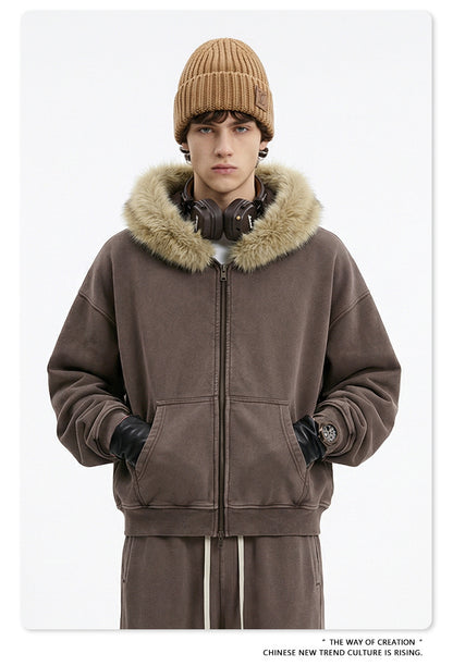 Fake Fur Collar Fleece Lining Zipper Hoodie WN23118
