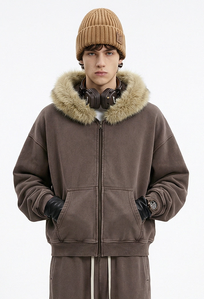 Fake Fur Collar Fleece Lining Zipper Hoodie WN23118