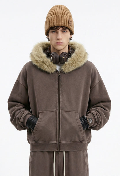 Fake Fur Collar Fleece Lining Zipper Hoodie WN23118