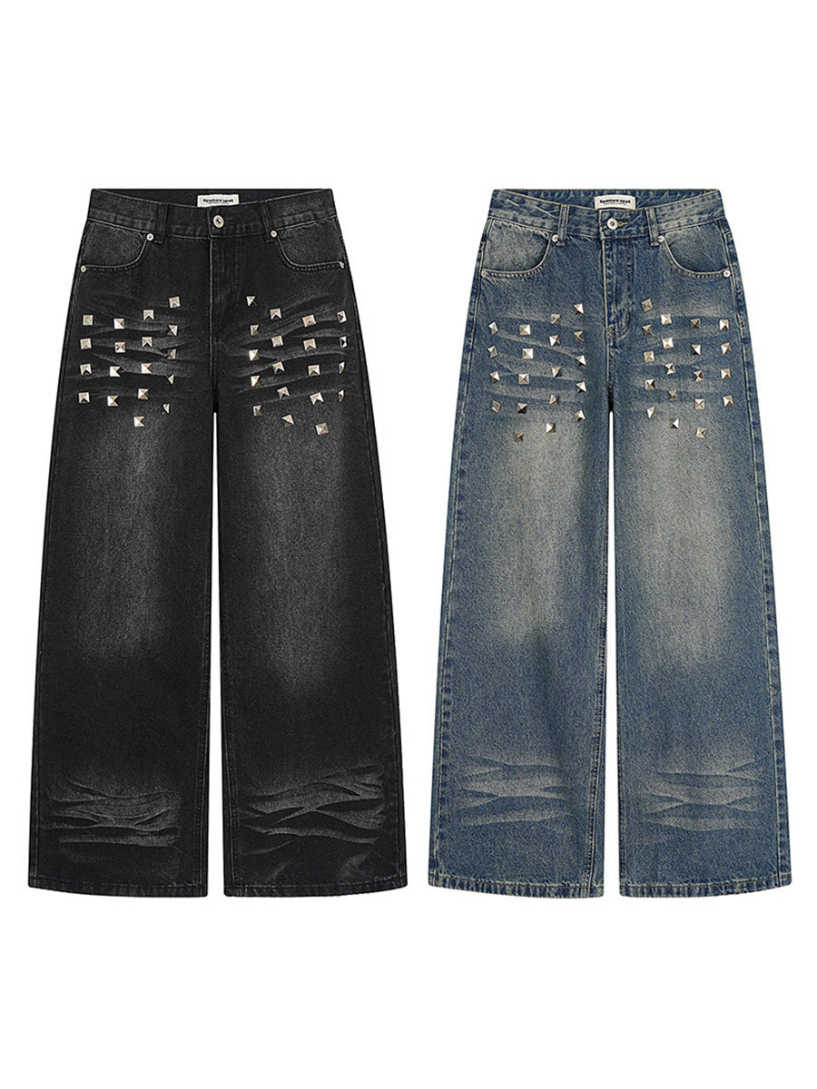Square Stud Whisker Wash Wide Leg Denim Jeans WN24234
