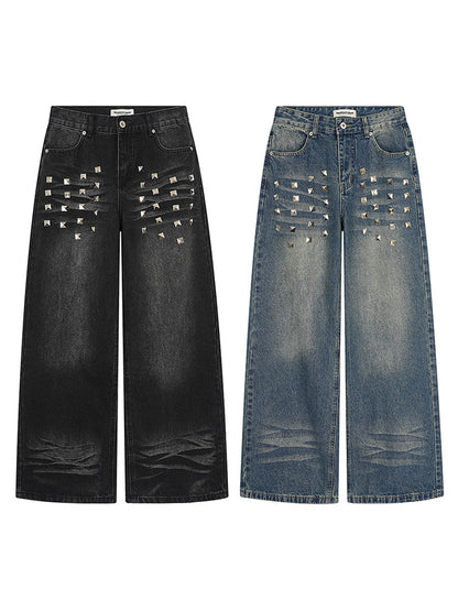 Square Stud Whisker Wash Wide Leg Denim Jeans WN24234