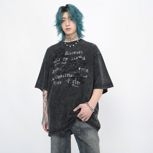 Washed Letter Patch Oversize Short Sleeve T-Shirt WN5841