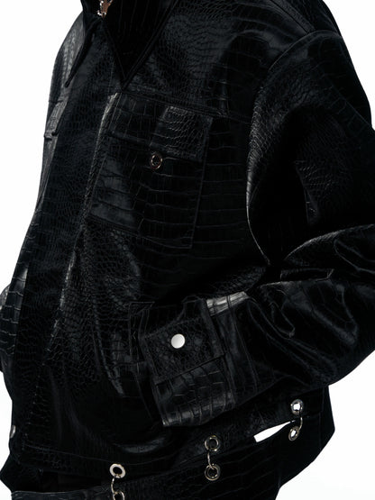 Crocodile Pattern Metal Panelled PU Leather Jacket WN20517