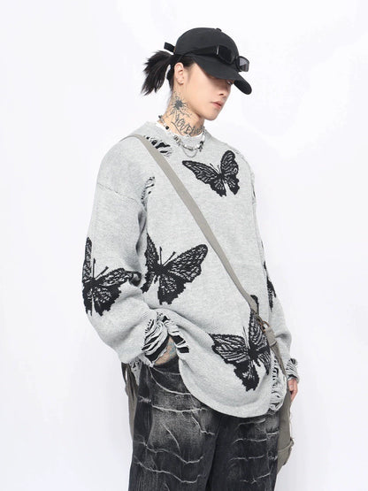 Butterfly Damage Oversize Knit Sweater WN10901