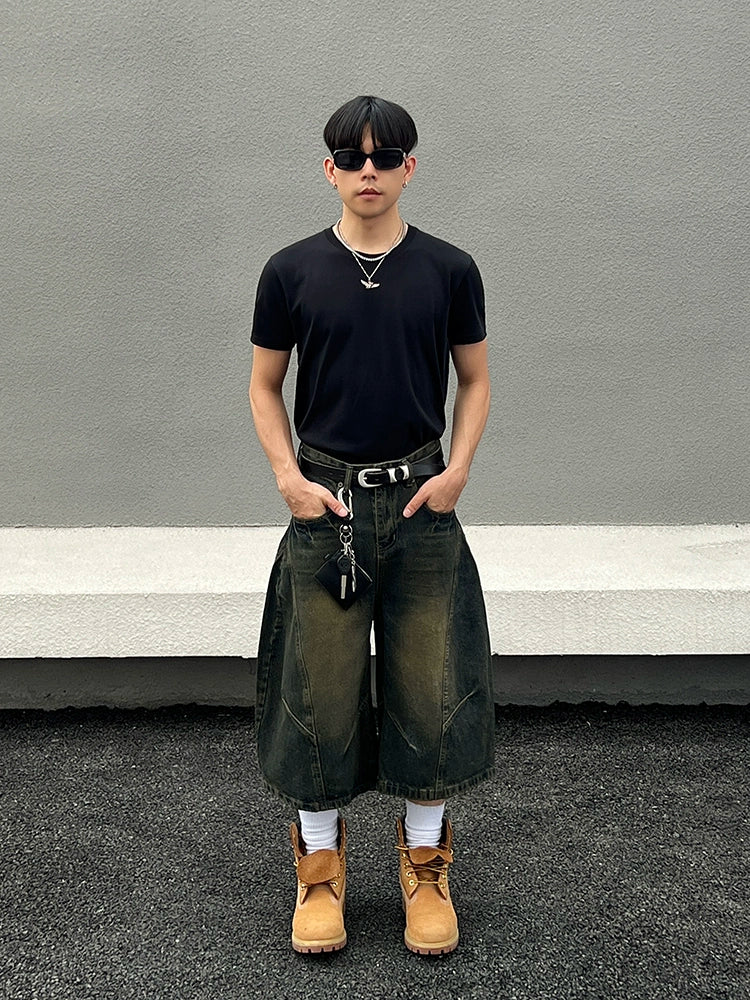 Deconstructed Washed Wide Leg Half Denim Jeans WN19569