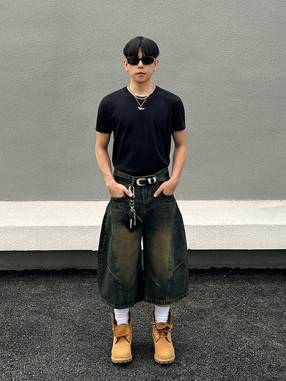 Deconstructed Washed Wide Leg Half Denim Jeans WN19569