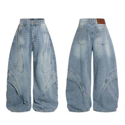 Deconstruction Curved Panel Wash Wide Leg Denim Jeans WN27930