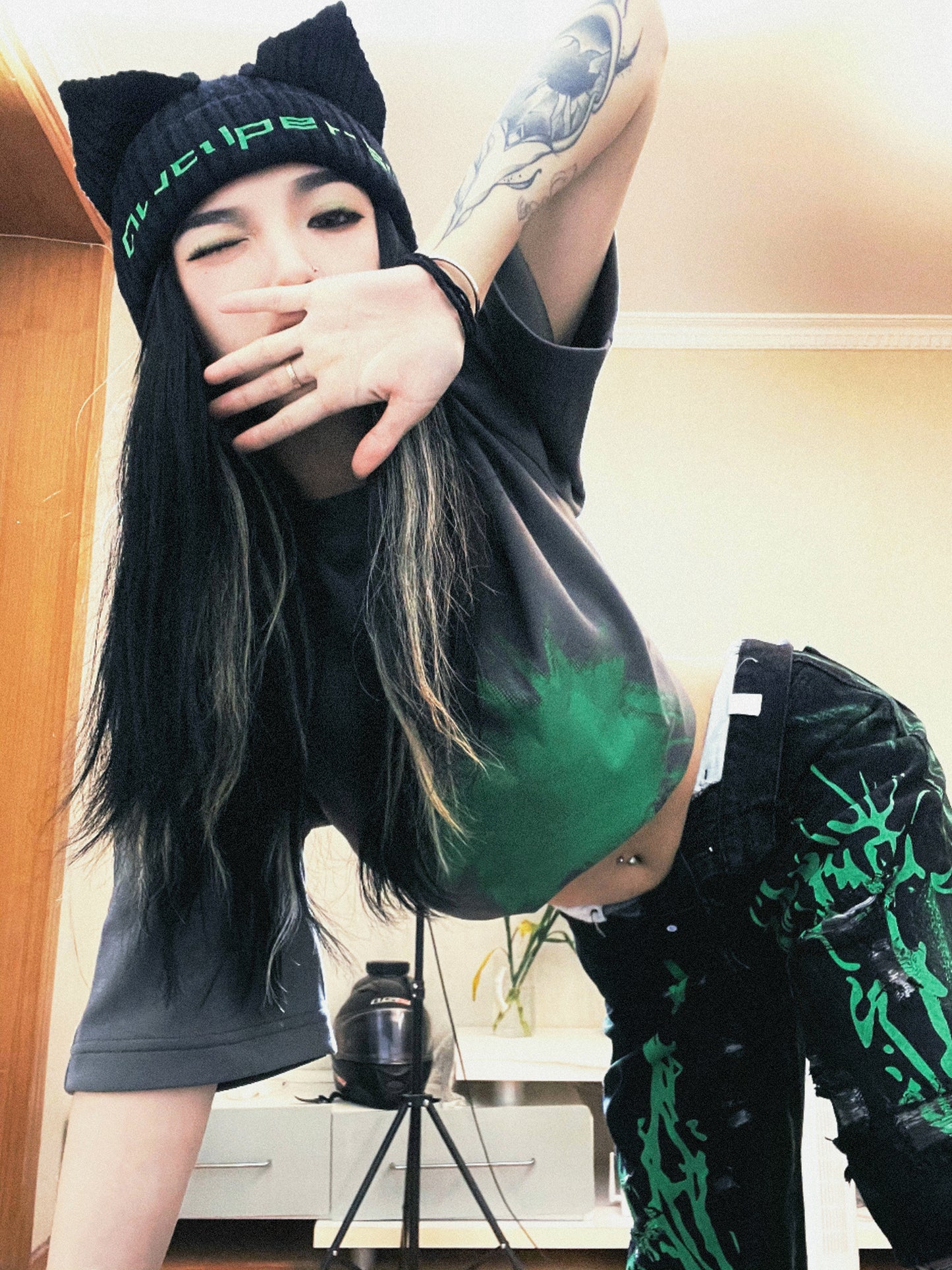 Print Cat Ear Knit Hat WN15751