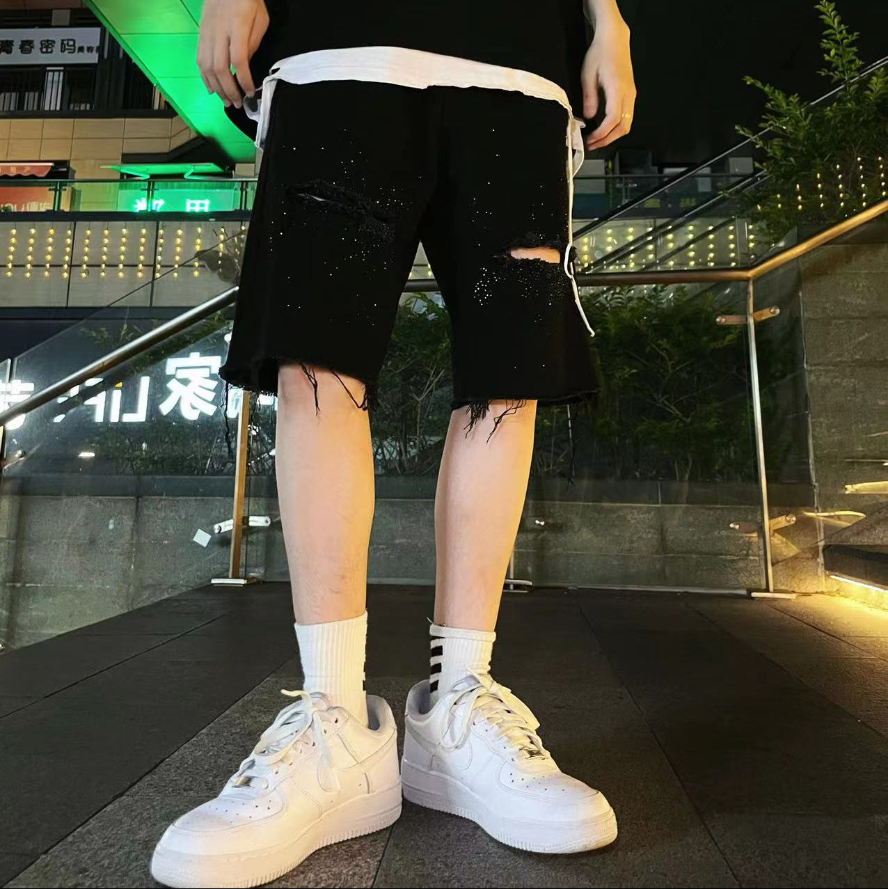 Rhinestone Damage Denim Half Jeans WN20699