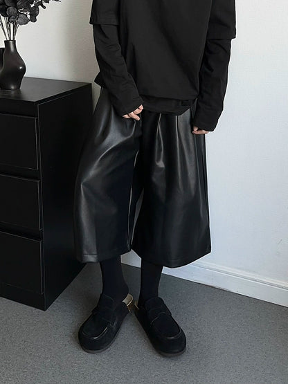 PU Leather Wide Leg Half Pants WN19365