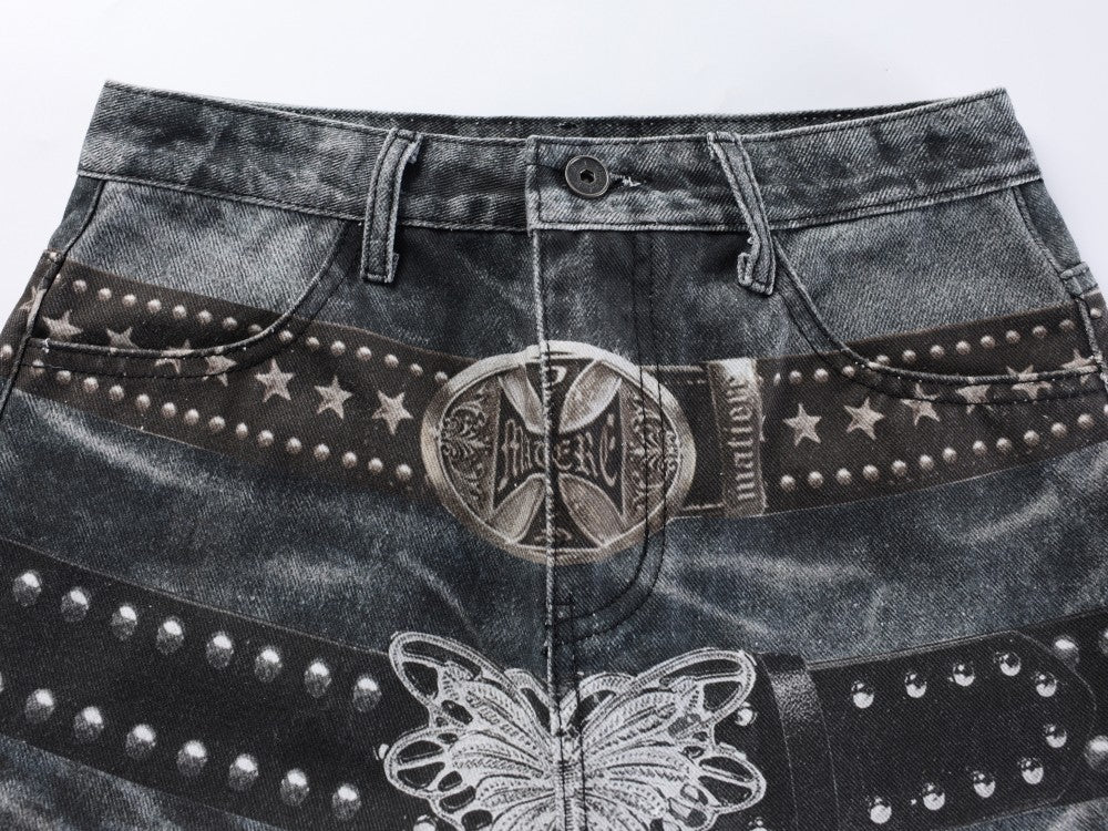 Studs Detail Washed Wide Leg Denim Jeans WN28036