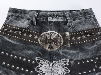 Studs Detail Washed Wide Leg Denim Jeans WN28036