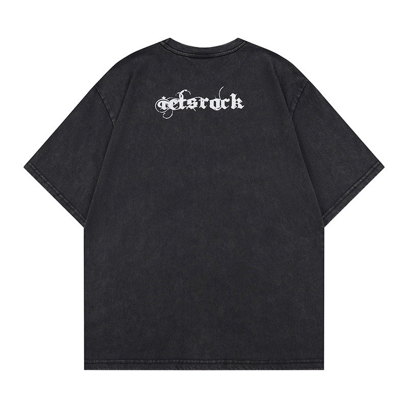 Washed Portrait Letter Print Short Sleeve T-Shirt WN25387