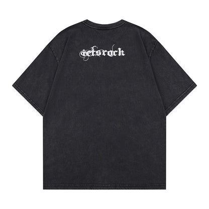 Washed Portrait Letter Print Short Sleeve T-Shirt WN25387