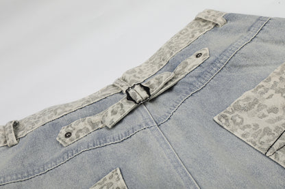 Leopard Print Curved Wide Leg Denim Jeans WN25702