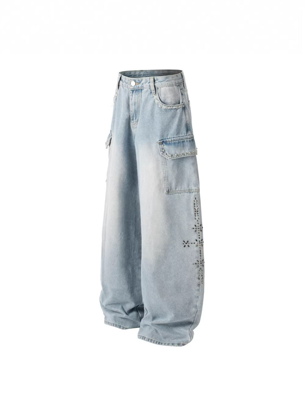 Rhinestone Studded High-Waist Wide Leg Denim Jeans WN27911