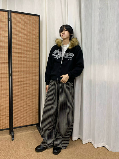 Fake Fur-Collar Letter Embroidery Hoodie WN22241