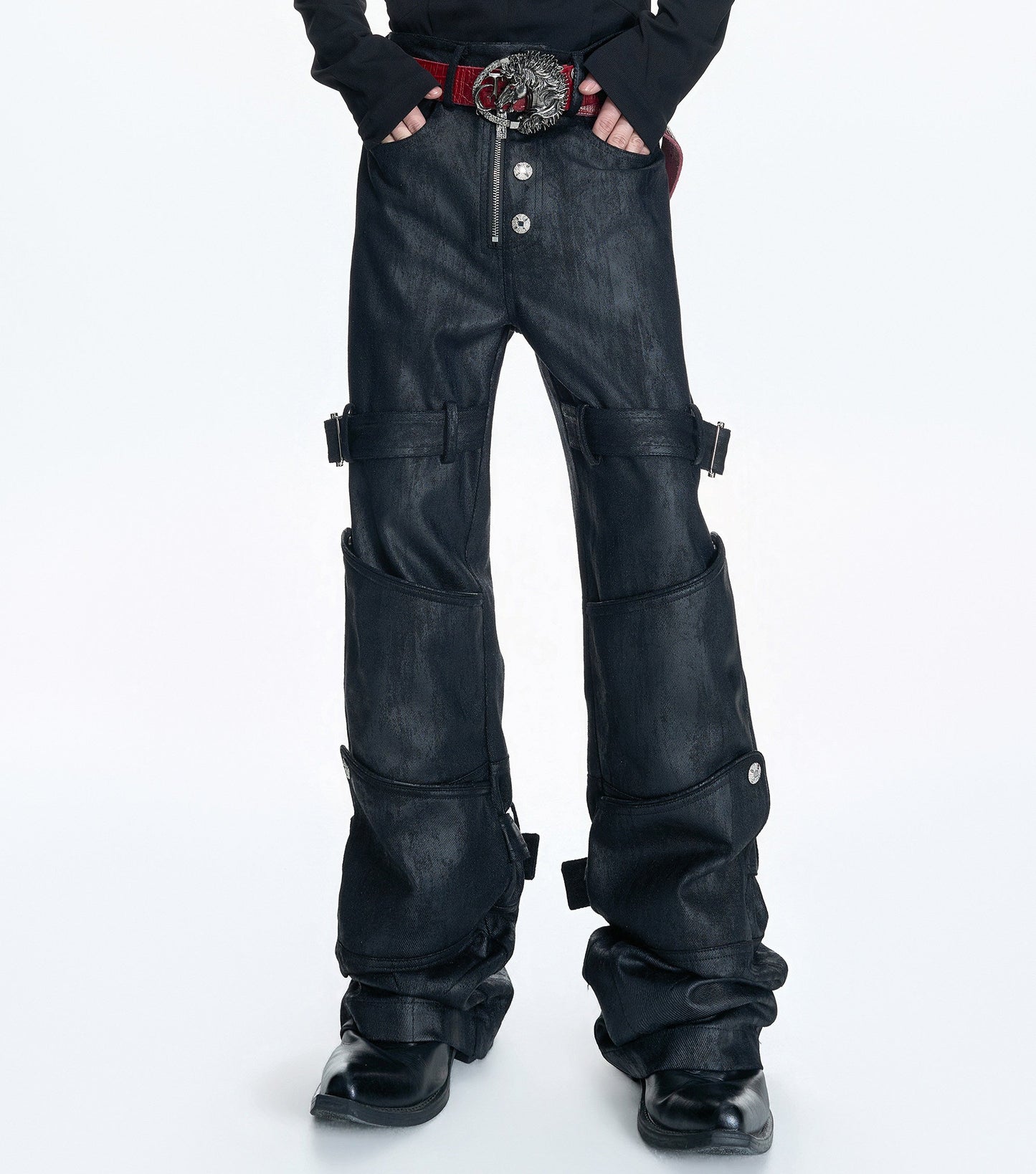 Waxed Damage Metal Button Flare Denim Jeans WN23547